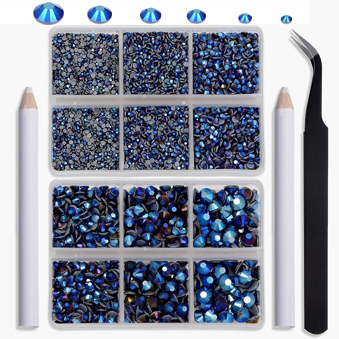 NCB Hotfix Iron on 8000pcs Crystal Rhinestones Round Gem for Crafts Decoration DIY Jewelry Making with a Tweezers and 2 Picking pens (Black AB, 6Sizes SS4-SS30)
