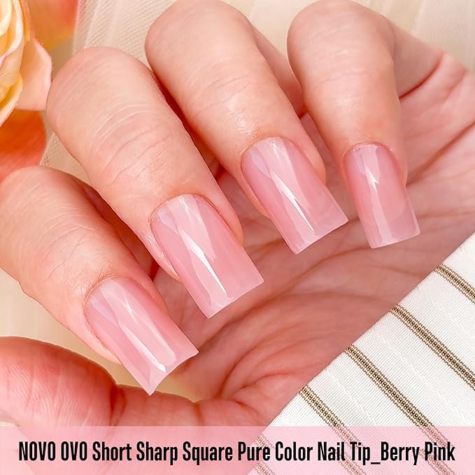 NOVO OVO Short Sharp Square Nail Tips Press on Pure Color BERRY PINK, Need Builder Gel Top Coat Nail Glue, Soft Gel Matte Fake Nail Extension, Full Cover False Nails for Salon DIY x 15 Sizes 240 pcs