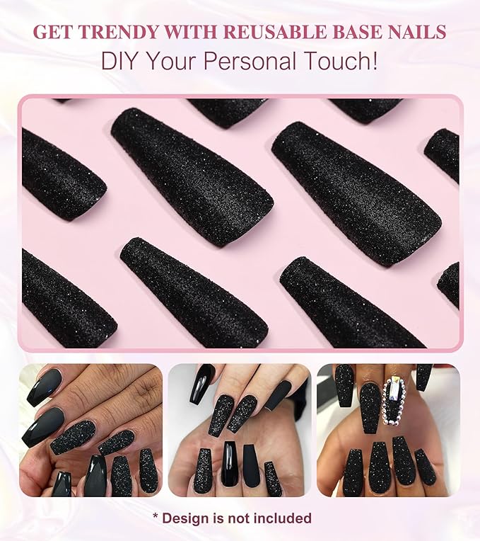 Black Press On Nails Coffin - Long With Glue Stickers, Glitter Stick On for Women, Light Weight in 12 Sizes, 24pcs Fake Nail Kit