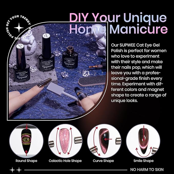 9D Cat Eye Gel Nail Polish Set with Magnet - 12 Colors Magnetic Cateye Gel Polish Chameleon Galaxy Effects Manicure for Nail Salon DIY Nail Art at Home