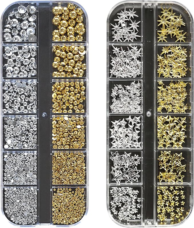 Gold Silver 3D Nail Charms, 2Boxes 24Grids Bow Star Nail Gems Nail Studs,Punk Metal Alloy Rivet Stickers Bowknot Nail Art Decorations Accessories for Nail Art Design DIY Crafts (Gold Silver E-)