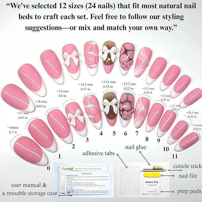 Handmade Press On Nails Medium Almond Baby Pink with White French Tip, Flower 3D Bow & More | Reusable Soft Gel Nails in 12 Sizes-24 Nail & Kit with Glue | Designed in L.A | Rosy Whispers