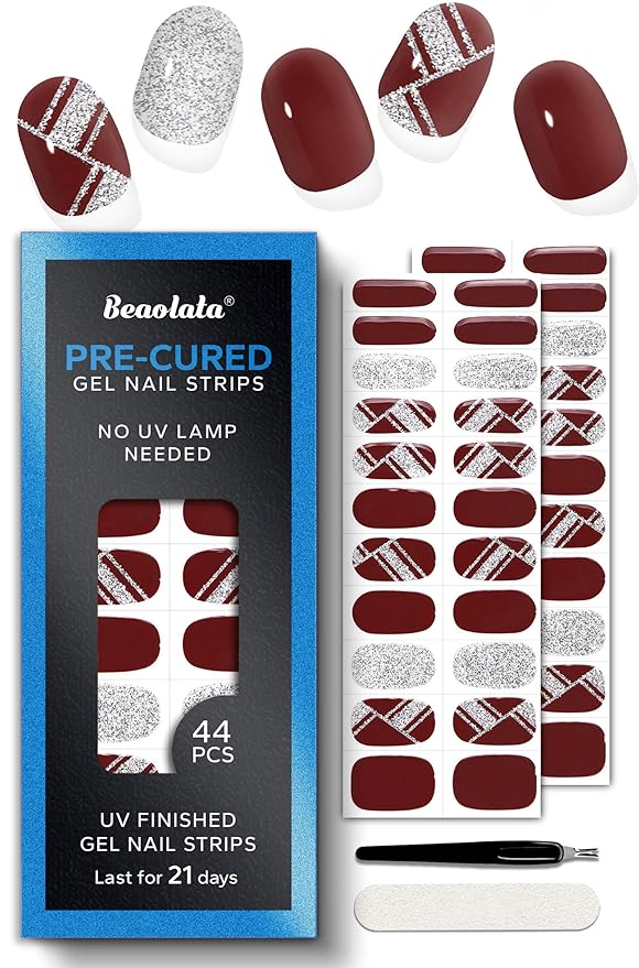 Pre Cured Gel Nail Strips - 44PCS Salon Quality Gel Nail Stickers - Long Lasting Polish Wraps for Women no UV Light Needed Easy Apply& Remove (Cocoa Brown）
