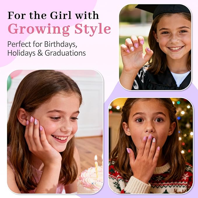16 Sizes Press on Nails Kit for Kids - 32 Pieces French Almond Fake Nail Tips for Girls 8-12 Years Old with Jelly Nail Adhesives & No-Lamp Nail Glue, Birthday Gifts Easter(Pink Ice Cream)