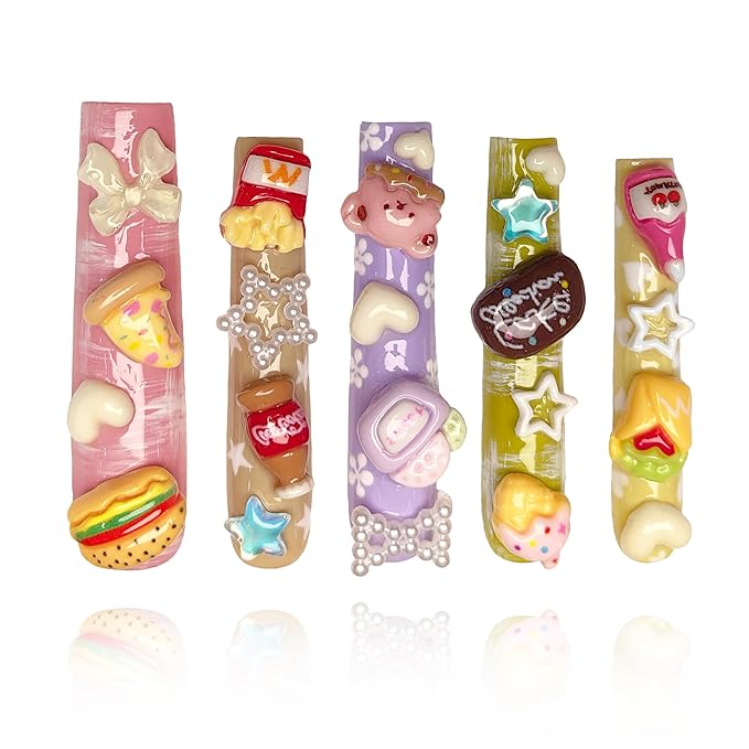 2025 Pastel Kawaii Food Deco Press-On Nails Handmade PMMA Acrylic Reusable Tips w/Box Gifts for Girls (Candy Vibes, M)