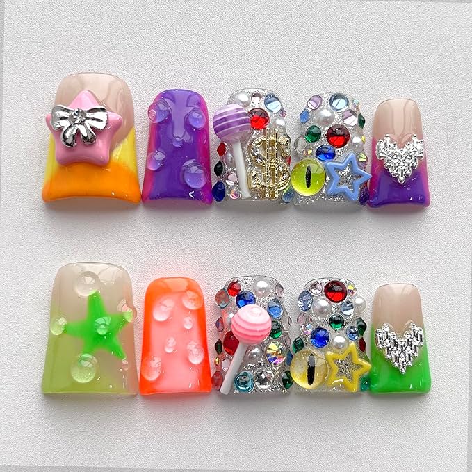 French Tip Press on Nails Handmade Short Duck 3D Thick Acrylic Nails Y2k False Nails with Bow Stars Rhinestones Lollipop Designs Cute Glossy Fake Nail Sturdy Art Press on Nail 10Pcs(M)