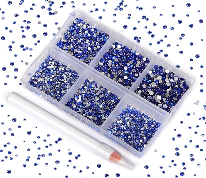 Bymitel 7200 Pieces 6 Mixed Sizes Glue Fix on Glass Rhinestones Round Crystal Gems Flatback for DIY Jewelry Making with one Picking Pen (6-Sizes 7200PCS, Sapphire)