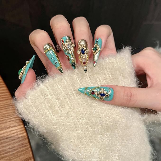 Handmade Press on Nails Stiletto Royal Style Luxurious Colored Gemstones with Full Diamond and Heavily Crafted Design Handmade Stiletto Press on Nails 3D Luxury Press on Nails(L)