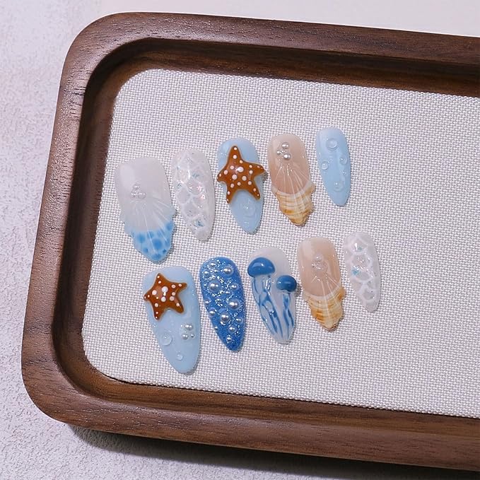 Luxury Handmade Almond Press on Nails with Glue,Ocean False Nails 3D Jellyfish Art Designs Blue Acrylic Nails Handmade Nail Reusable Muti-Layer Gel Thick False Nails for Women 10 Pcs (Size S)