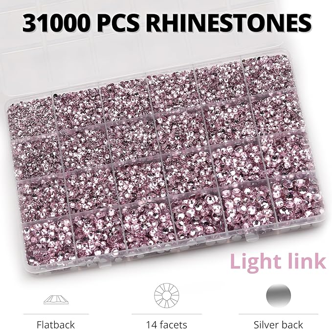 33000Pcs Light Pink Rhinestones for Bedazzling, Bedazzler Kit with Flatback Craft Rhinestones Baby Pink Bulk and B7000 Glue, 2,3,4,5,6mm Resin Flat Back Crystals for Craftings, Clothes, Shoes, Nails