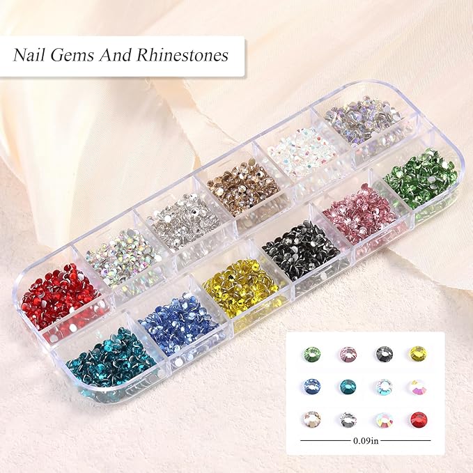Nail Gems and Rhinestones Kit, White Nail Pearls Flatback Rhinestones Bedazzling Diamond Rainbow Crystal Jewels,Gold Beads for Nails, Nail Art Accessories Decoration with Picker Tools