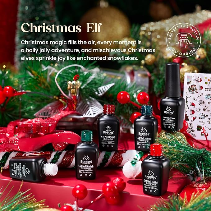 beetles Gel Polish Set - Eif Collection, Sparkle Red Green Glitter Gel Polish Kit Soak Off UV LED Gel Nail Kit with Nail Strengthener Gel Sticker Gift for Women
