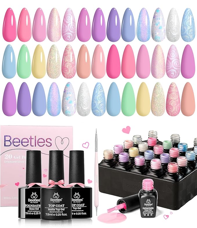 Beetles Spring Gel Nail Polish Set - 24Pcs Pink Purple Pearl Blue Shimmer Chameleon Green Colors Gel Nail Kit, 3Pcs Base Top Coat Double-ended Brush Soak off UV Nail Polish Valentines Gifts for Women