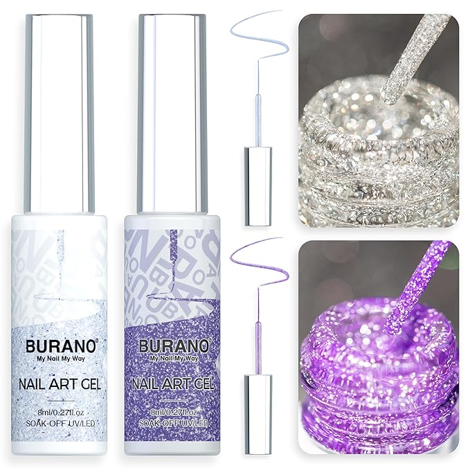 BURANO Gel Nail Polish Liner Nail Art Polish, Silver Gold Painted Gel Nail Design Polish 2 Bottle 8ml, Build in Thin Nail Brush Curing Required LX13 LX16