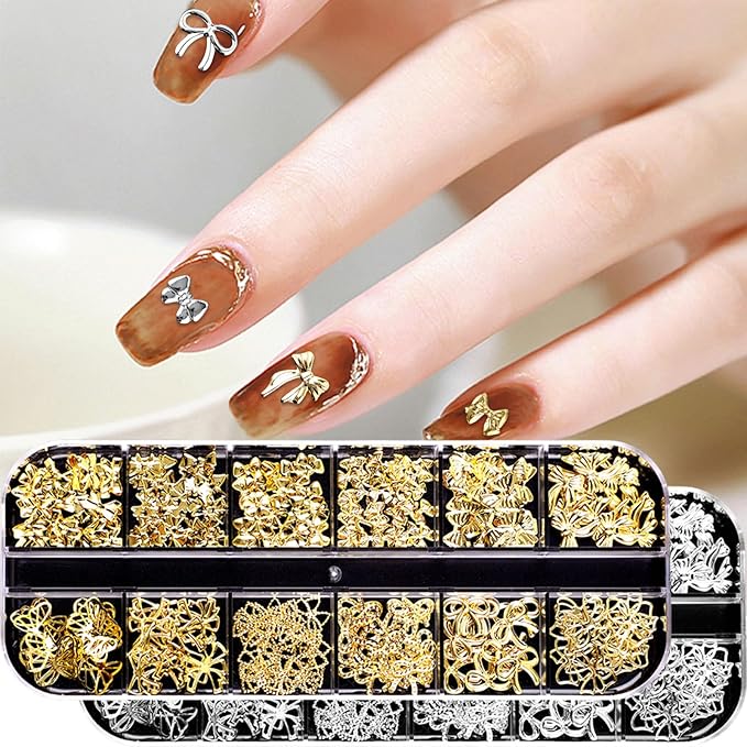 Gold Silver 3D Nail Charms, 2Boxes 24Grids Bow Star Nail Gems Nail Studs,Punk Metal Alloy Rivet Stickers Bowknot Nail Art Decorations Accessories for Nail Art Design DIY Crafts (Gold Silver C)