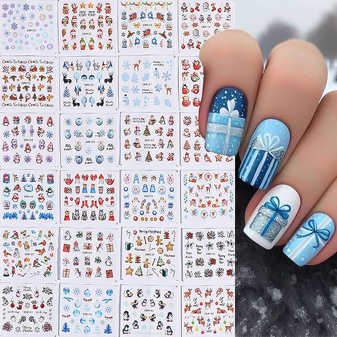 24 Sheets Christmas Nail Stickers for Women Cute Nail Art Stickers Snowflake Snowman Elk Penguin Christmas Tree Water Transfer Nail Decals Winter Xmas Nail Sticker 3D Self-Adhesive Nail Art Supplies