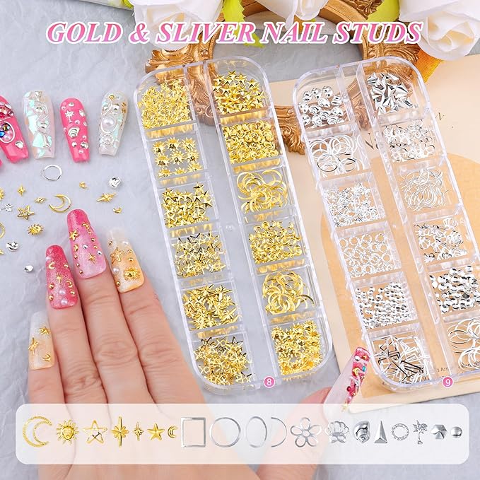 9 Boxes Nail Art Rhinestones Kit with 30 Sheets Nail Art Stickers, Gold Nail Studs Nail Sequins Flatback Pearls Rhinestones for Crafts, Small Fruit Nail Charms Tiny Gems for Nails DIY Decorations