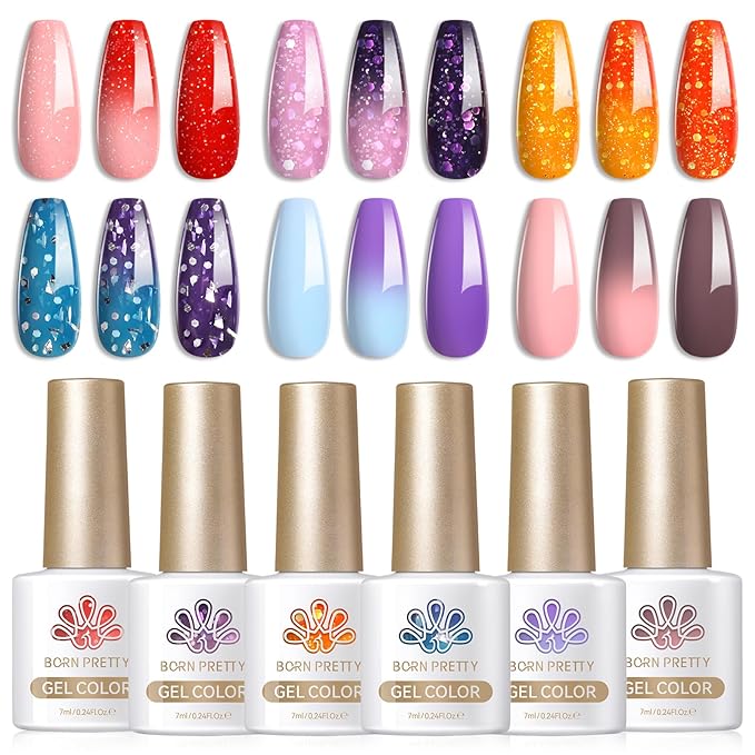 Born Pretty Color Changing Gel Nail Polish, 6 Colors Glitter Temperature Change Gel Polish Blue Pink Neon Long Lasting Nail Polish U V Set for Manicure and Nail Art, DIY at Home, Salon-Quality 7ml