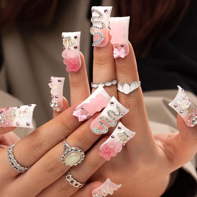 LOVFUL Press on Nails Marshmallo Gummy Bear Square | Handmade with Full Covered Crystals | Reusable Full Cover Nails | Duck Classic Regular 1.3 in | H26-L