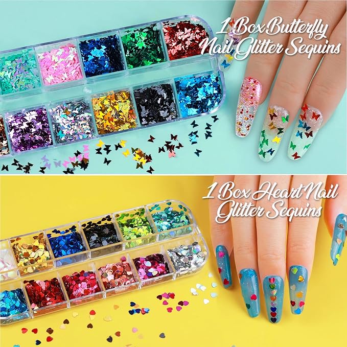Nail Art Sticker, 12 Sheets Nail Art Stickers Flower Nail Stickers Decal 3D Self-Adhesive, Teenitor Nail Art Decoration with Nail Glitter Butterfly Sequins Nail Foils Nail Flower Slices