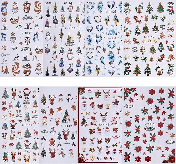 8Pcs Christmas Nail Art Stickers Decals Snowman Christmas Tree Snowflake Nail Design Stickers Winter Xmas Nail Art Supplies Cute Santa Claus Nail Decals for Women Holiday DIY Manicure Decor