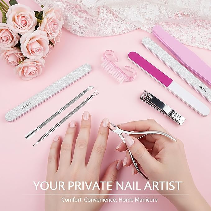 8PCS Stainless Steel Cuticle Nippers & Remover, Nail Clippers Set, Precision Sharp Blades Manicure Pedicure Tools for Home Salon Travel, Complete Nail Care Kit for Women, Pink