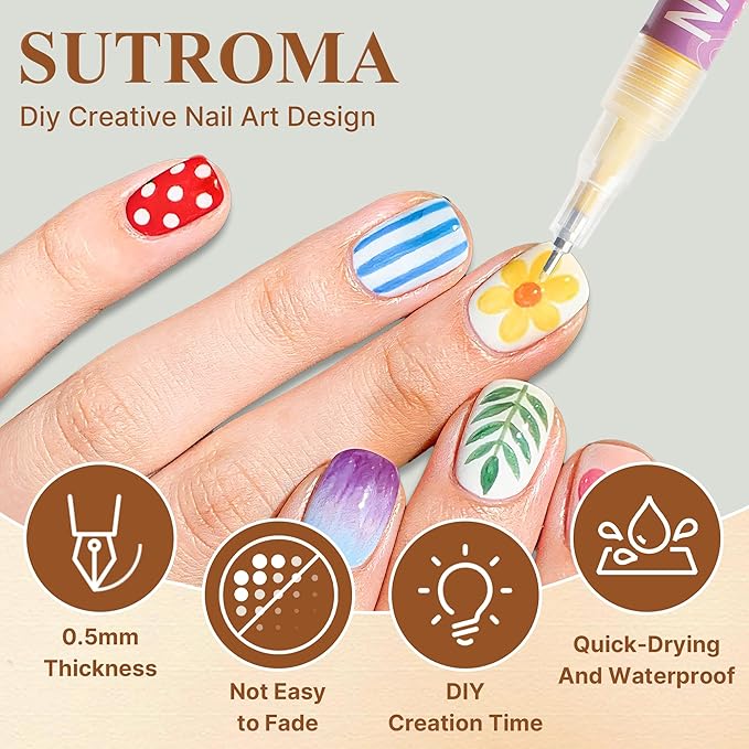 SUTROMA 12 Colors Nail Art Pens Kit, Waterproof and Quick Dry Nail Art Markers, Nail Polish Pens, DIY Art Nail Decorations