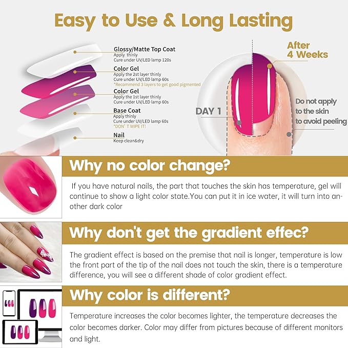 YTD Likomey Color Changing Gel Nail Polish 2 Pcs Set,15ml Hot Pink To Purple Pure Color and Brocade Glitter Nails Gel Kit,Thermal Ombre Change Colors Salon Manicure Fall Winter UV Varnish,WB2-4