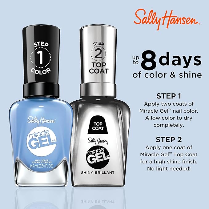 Sally Hansen Miracle Gel Salon Quality Nail Polish | Gel-Like Formula, Two-Step System, No UV Light Needed, Long Lasting | Opaque, Glossy | 639 Sugar Fix | Classic Blue Nail Polish