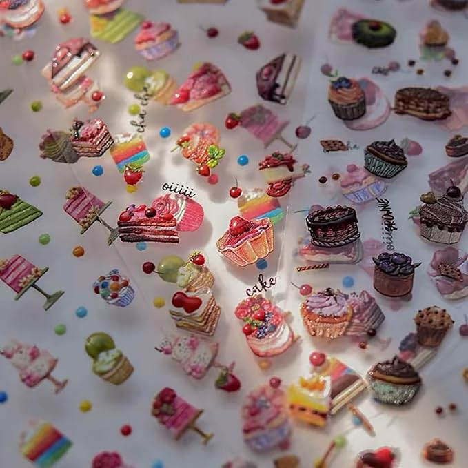 Dedyel Food Nail Art Stickers 3D Cake Dessert Donut Ice Cream Cookies Fruit Bread Self-Adhesive Nail Stickers for Women Girls Kids