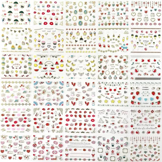 30 Sheets Valentine's Day Nail Art Stickers 3D Self-Adhesive Red Heart Nail Decals Cute Rose Lip Kiss Nail Supplies DIY Acrylic Nails Decoration Accessories for Women