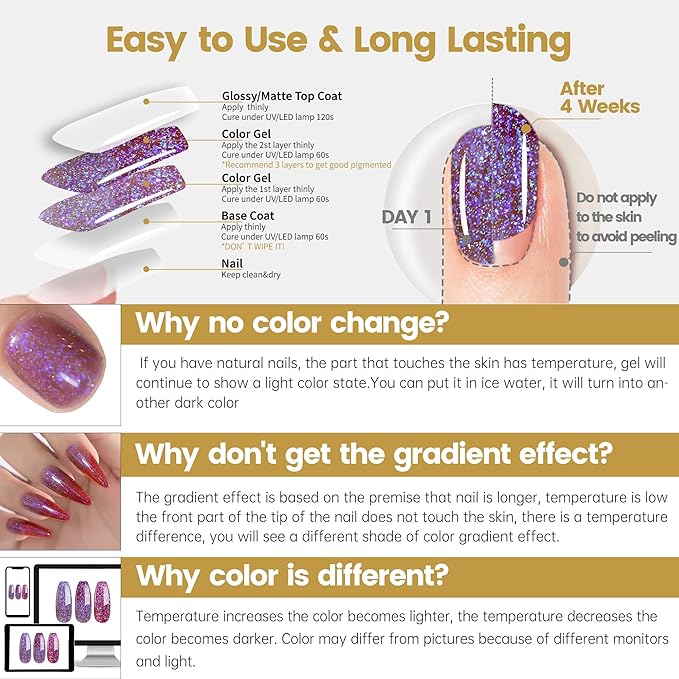 YTD Likomey Brocade Glitter Color Changing Gel Nail Polish,15ml Light Purple To Jujube Red Shimmer Mood Temperature Change Colors Iridescent Flakes,Fall Winter Thermal UV Nail Gel,WB340