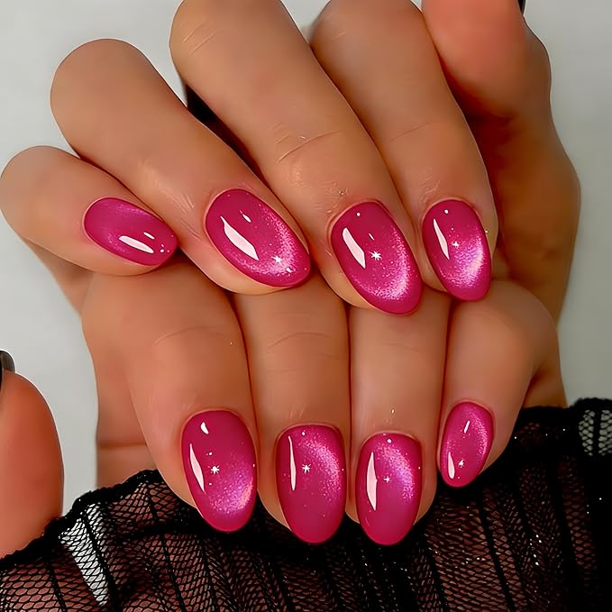 Cat Eye Press on Nails Short, Chrome Press on Nails Oval, Thick Glazed Virant Hot Pink Fake Nails Press ons for Women, Reusable Magnet Bling Glitter Glue On Nails Almond in 15 Sizes, 30 Pcs