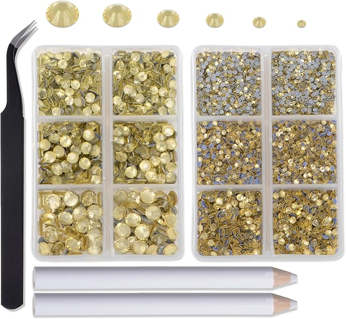 8000Pieces Hotfix Rhinestones Flatback,Rhinestones for Crafts Clothes Mixed 6 Sizes, Hotfix Crystals with Wax Pencil Kit, SS4-SS30,Jonquil