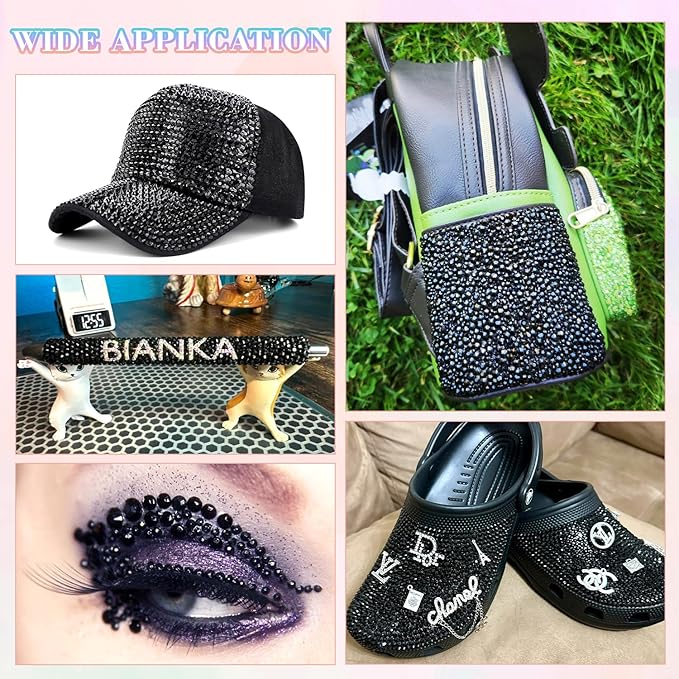 32000Pcs Resin Black Rhinestones with B7000 Jewelry Glue for Crafting, 2-6mm Non Hotfix Flatback Gems, Bedazzling Crystal for DIY Crafts Clothing Tumblers Mugs Shoes Fabric Decor Nail Art