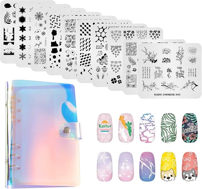 KADS 11pcs Nail Stamp Plates Set 10 Plates Christmas Snowflakes Cute Animals+ 1 Laser Symphony Storage Bag Christmas Nails Art Stamping Plate Set Leaves Flowers Animal Nail Plate Template Image Plate