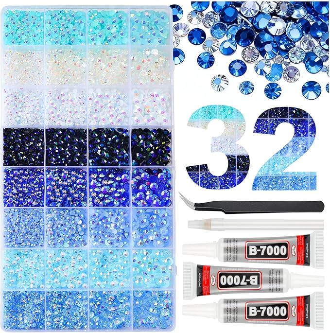 25000Pcs 32 Types Blue Jelly Resin Rhinestones for Bedazzling, Multicolor Flatback Gems for Crafting, Bedazzler Kit with 3Pcs B7000 Jewelry Glue for Clothes Shoes Nail Book Diamond Art