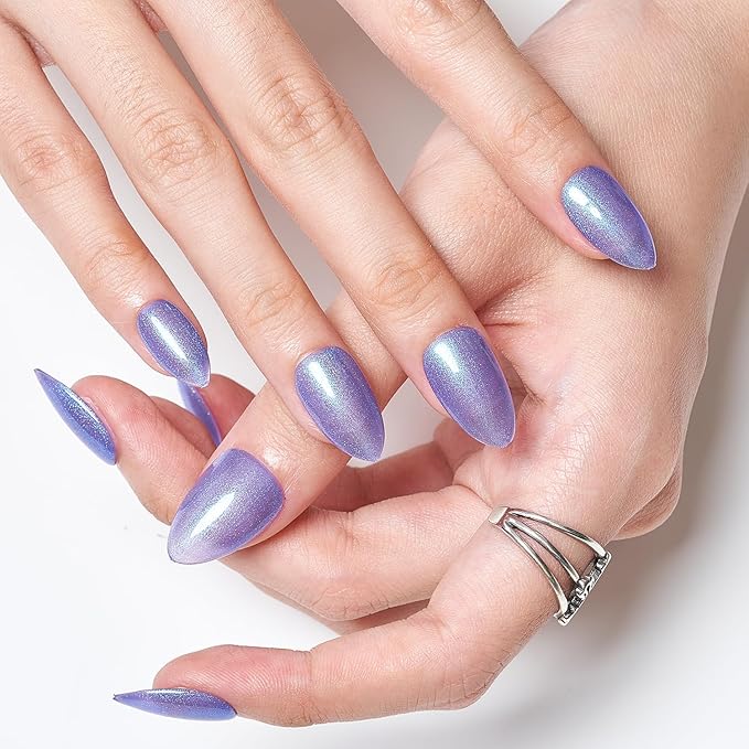 GLAMERMAID Blue Press On Nails Short Almond, Purple Galaxy Shrimmer Handmade Soft Jelly Gel Fake Nails, Glitter Polarized Round Oval Stick Glue on Nails Kit for Women, Reusable Acrylic False Nail Set