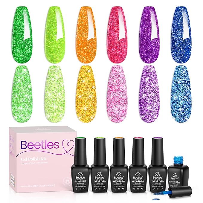 Beetles Reflective Glitter Gel Polish Set 6 Colors Neon Gel Nail Polish Set with 7Pcs Poly Extension Gel Brush Soak Off Uv Led Gel Nail Kit Nails Nail Art Manicure for Women Christmas Gift