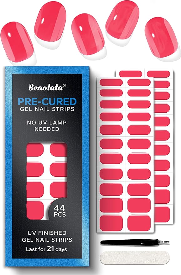 Real Gel Nail Strips (No UV Light Needed) - 44Pcs Salon Quality Nail Stickers - Long Lasting Polish Wraps for Women, Easy Apply & Remove (Cherry Pop Red)