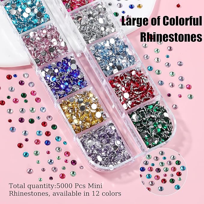 5000Pcs Resin Rhinestones for Nail Art, Small Colorful Rhinestone 2/3mm Bedazzling Flatback Crystals Nail Gems Nail Rhinestones with Pickup Tools for Manicure Decor Crafts DIY