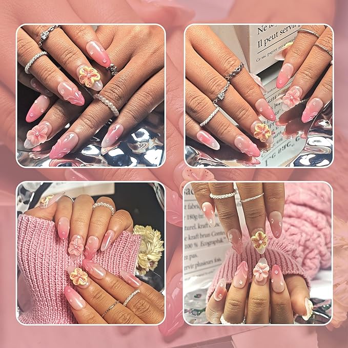 Handmade Acrylic Press On Nails Almond, Short Almond Press On Nails Pink, Ombre 3D Flower Nails For Women Gift, Reusable Stick On Fake Nails Kit With Nail Glue(3D Floral Blush-L)