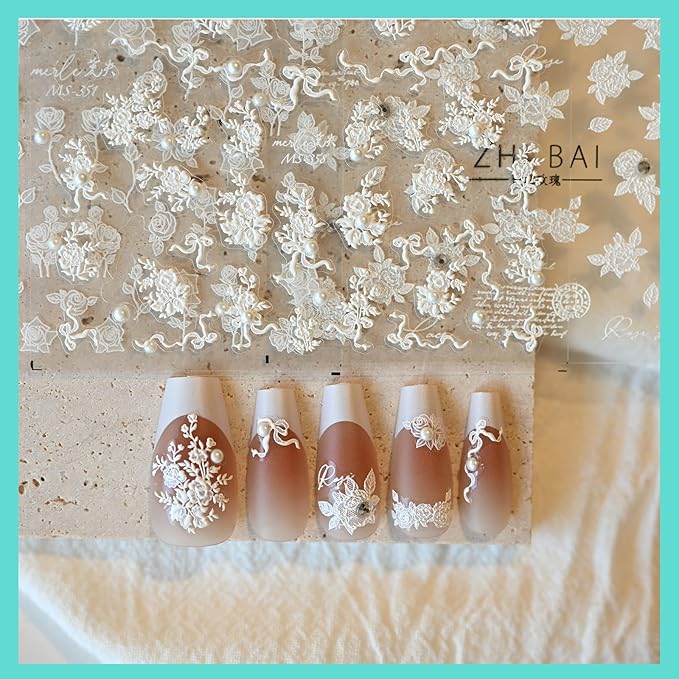 White Rose Flower Nail Art Stickers, Rhinestones Pearl Nail Decals, Self-Adhesive, Nail Accessories for Women, Nail Decorations 3 Sheets