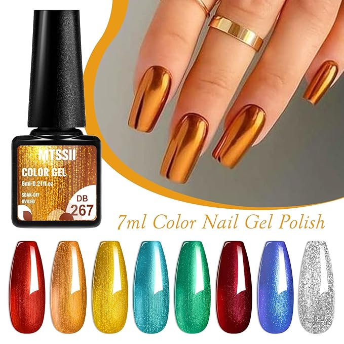 MTSSII Chrome Gel Nail Polish Set, 8 Metallic Colors: Silver, Gold, Red, Yellow, Green, Blue - UV/LED Glossy Mirror Effect Nail Gel for Home Salon DIY Manicure