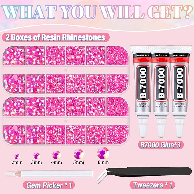 Resin Rhinestones for Crafting with 3Pcs 10ml B7000 Jewelry Glue, 2 Boxes Hot Pink AB Flatback Gems Crystals Diamond for Bedazzling Crafts DIY Nail Art Makeup,Gems for Clothing Tumblers Shoes