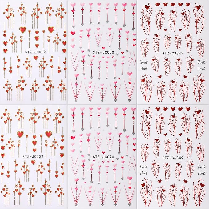 9 Sheets Valentines Nail Art Stickers Red Heart Nail Decals 3D Self Adhesive Holiday Nail Supplies Romantic Arrow & Tree Branch Design Nail Stickers for Women Pink Heart DIY Manicure Art Accessories