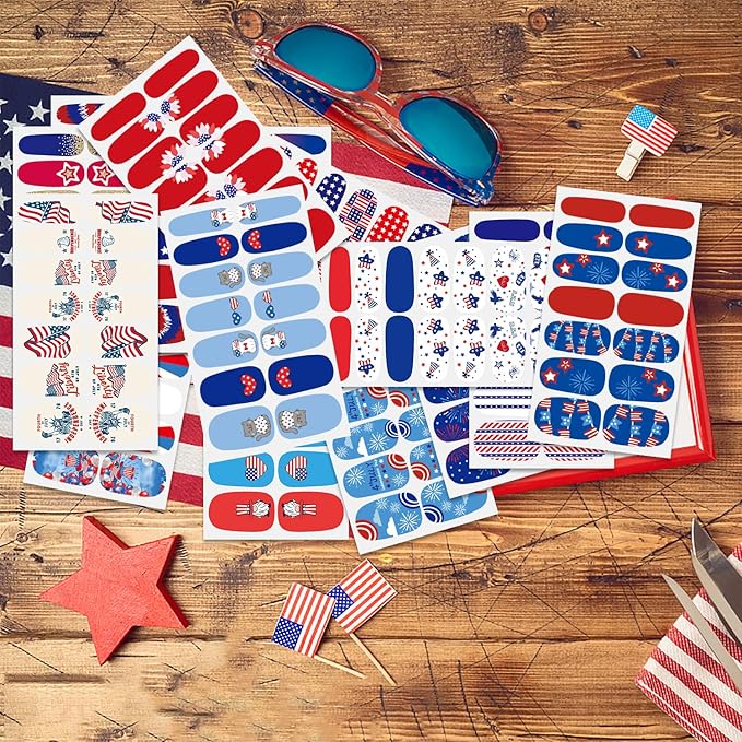 JERCLITY 224 Pieces 16 Sheets 4th of July Nail Wraps for Women Independence Day Polish Strips Patriotic American Flag Self-Adhesive Stickers With File for Memorial Day
