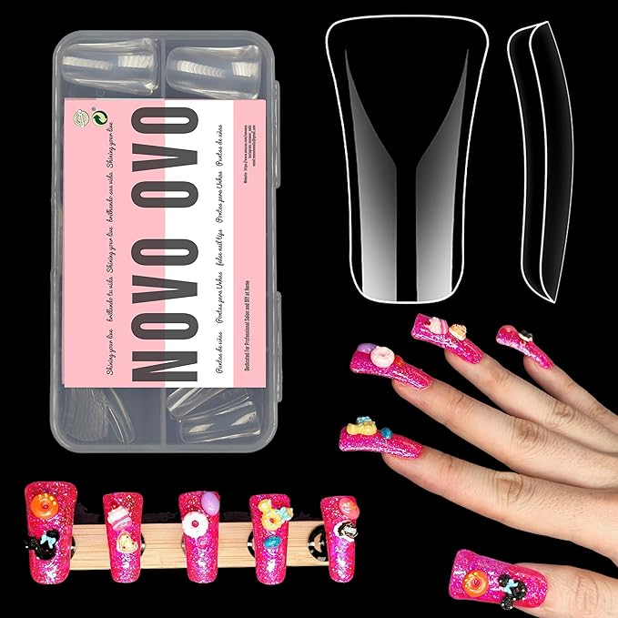 NOVO OVO 120 pcs Full Cover Duck Feet Nail Tips Press On for Acrylic, Clear Medium/Long Coverage Flare Y2K Vibe Wide French Soft Gel False Nail Extension for Art Salon x 12 Sizes in Box
