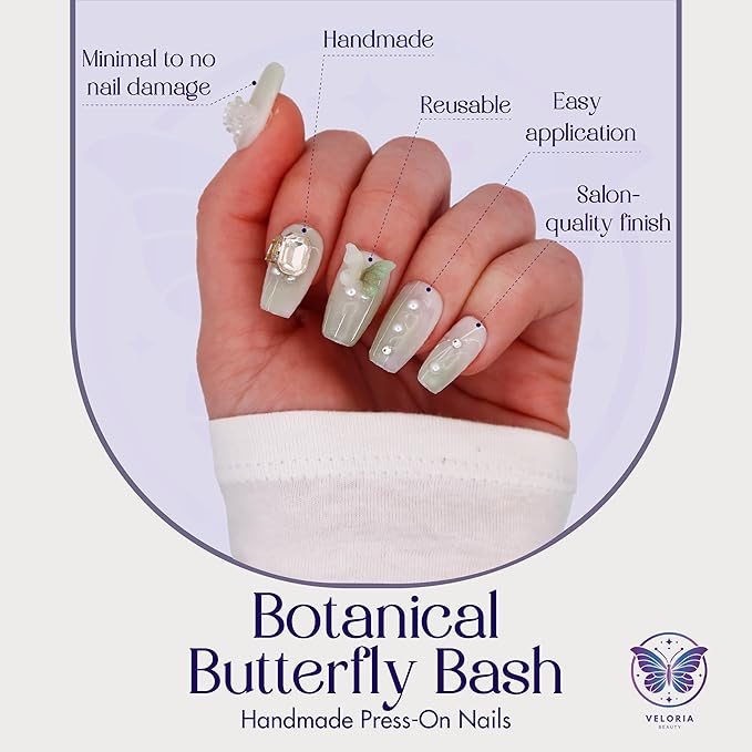 3D Handmade Press On Nails, Medium Coffin Shaped w/Rhinestones & Green Butterfly Charms, Acrylic, Gel, Reusable Kit, For Women Daily Wear or Special Occasion (Botanical Butterfly)