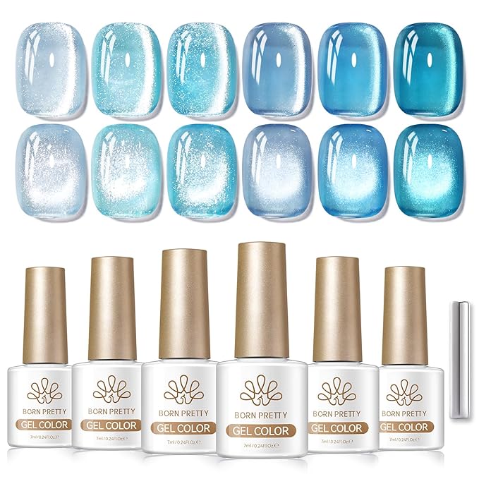 Born Pretty Blue Cat Magnetic Eye Gel Nail Polish Set,6 Colors Spring Summer Blue Shimmer Glitter Crystal Glass Magnetic Gel Polish Soak Off U V Nail Gels DIY Art for Women 7ML